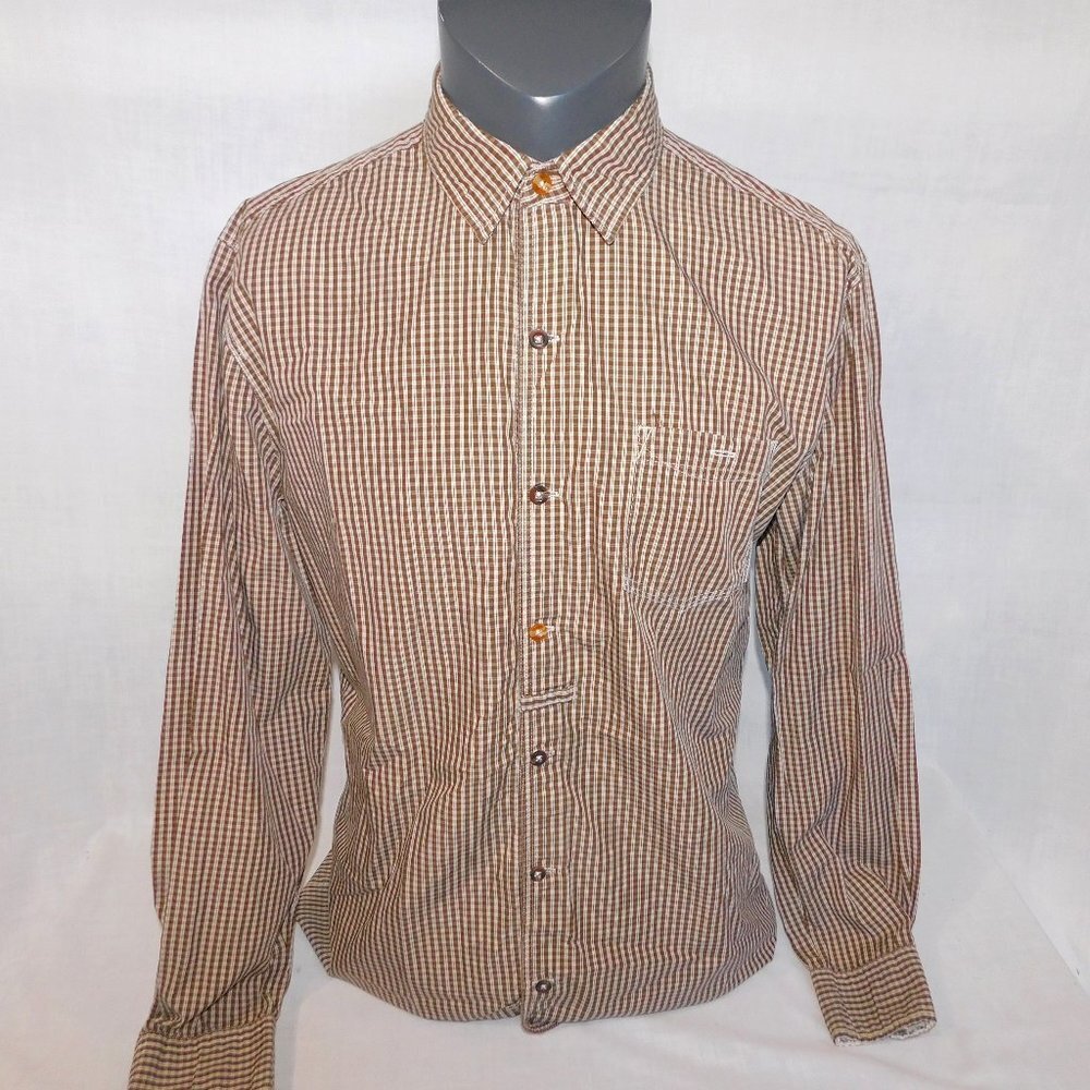 Mavi Brown White Check gingham button front long sleeve button shirt Mens L